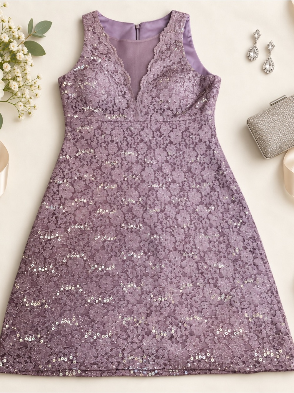 Night Way Collections Lilac Lace Sequin A-Line Cocktail Dress